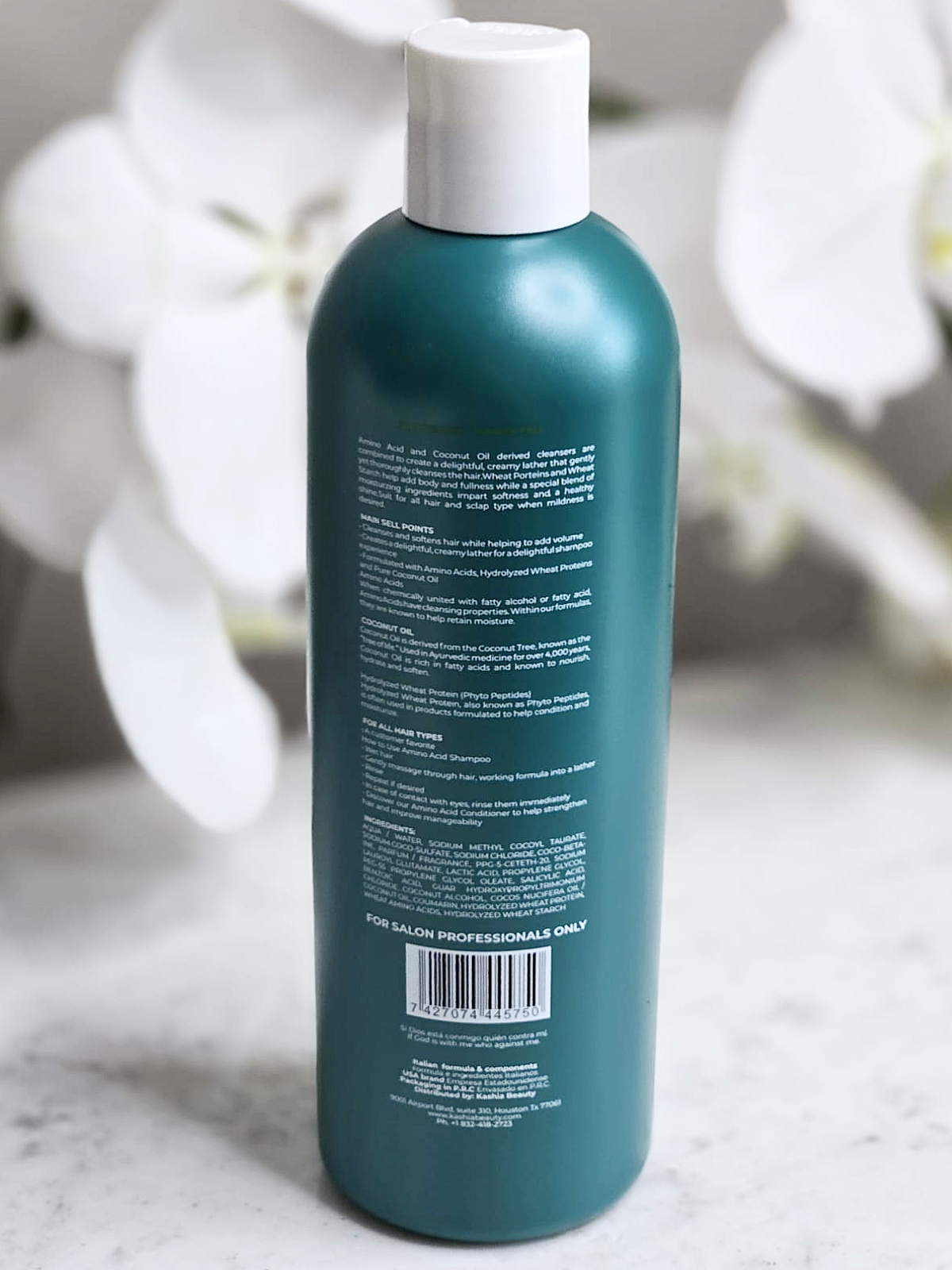 Label view of Angel Hair Aminoacid and Coconut Oil Shampoo bottle displaying product information