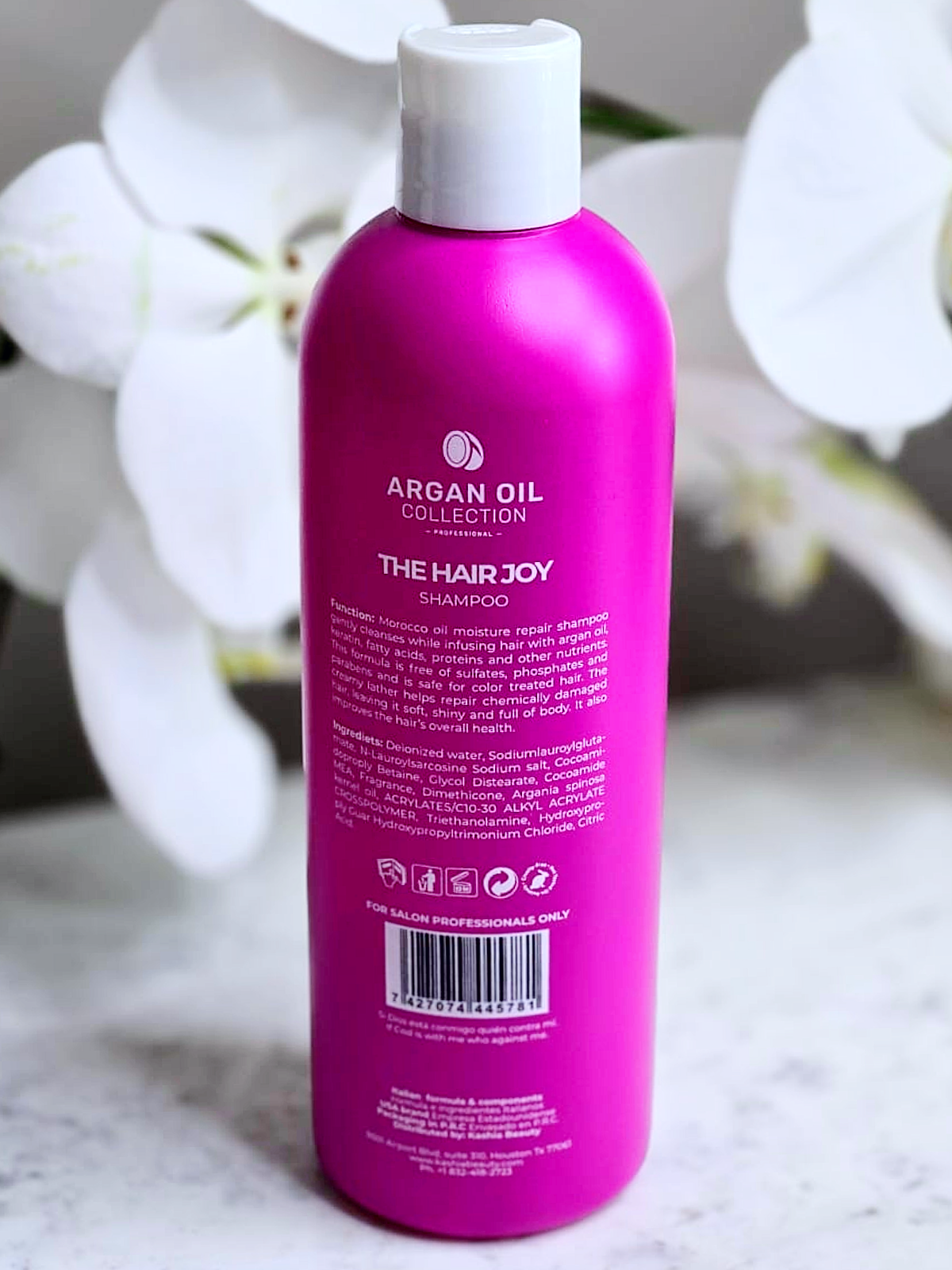 Label view of Argan the Hair Joy Shampoo bottle displaying product information