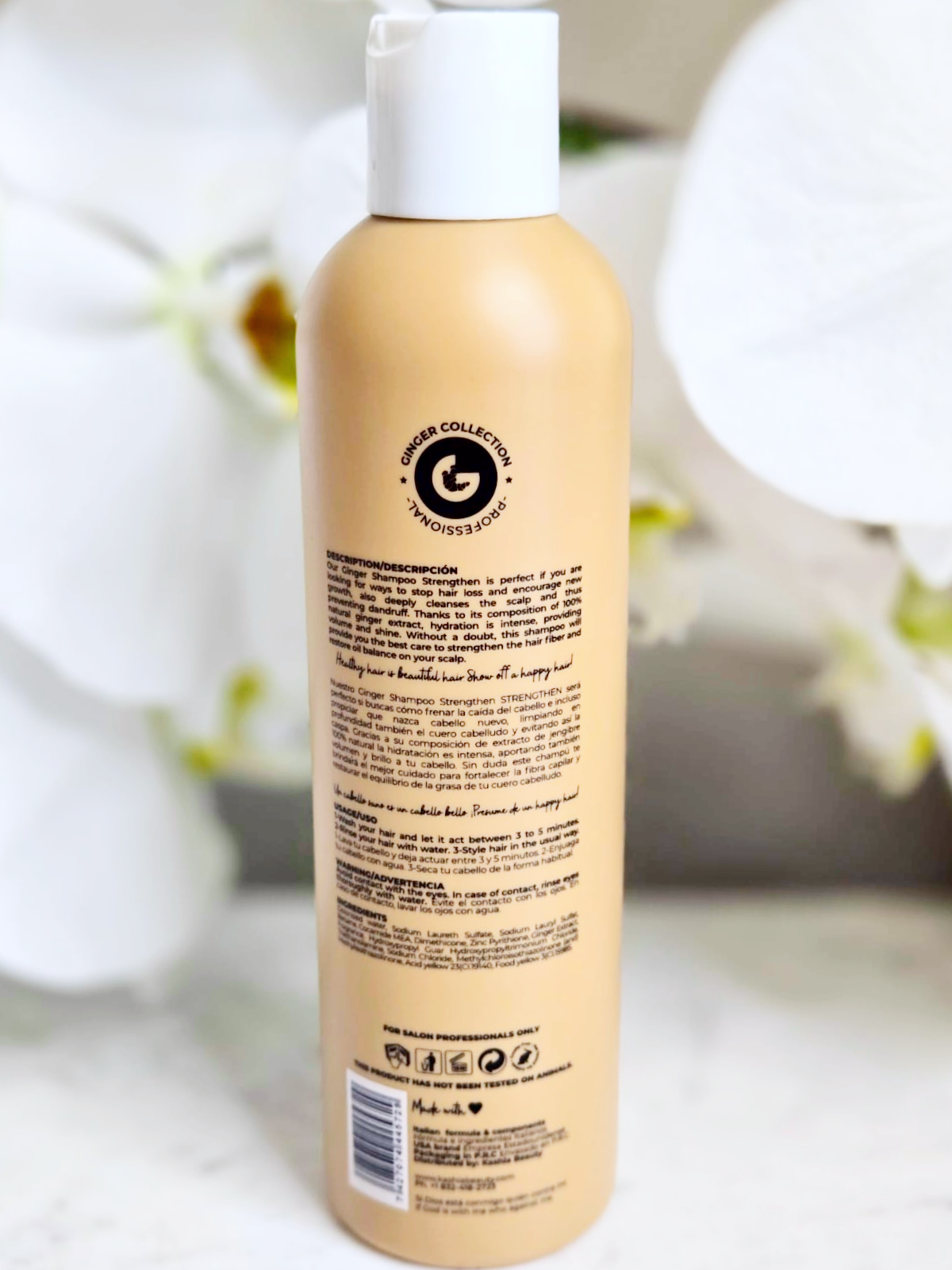 Label view of Ginger Strengthen Shampoo bottle displaying product information