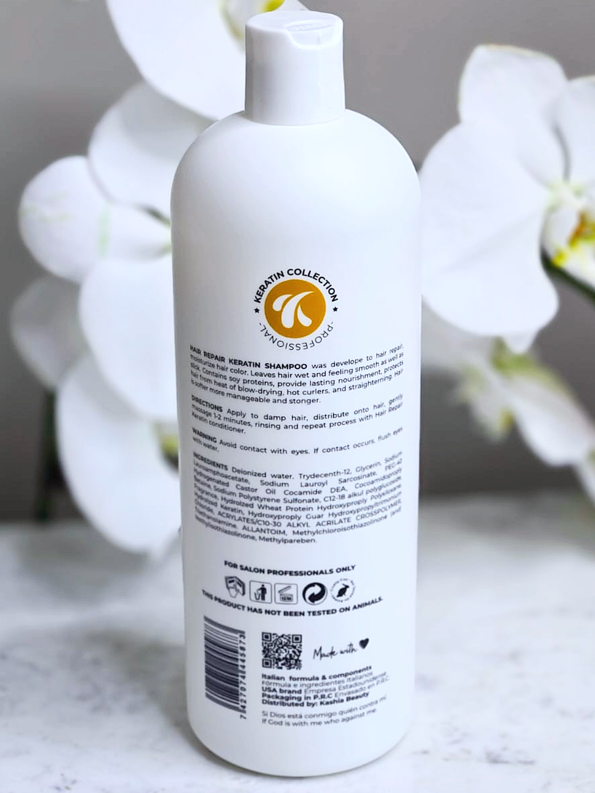 Label view of Hair Repair Keratin Shampoo bottle displaying product information