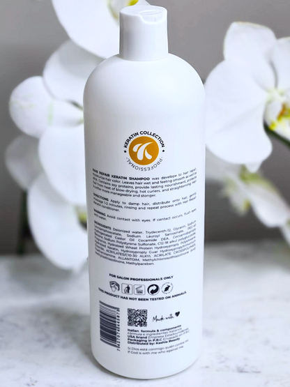 Label view of Hair Repair Keratin Shampoo bottle displaying product information