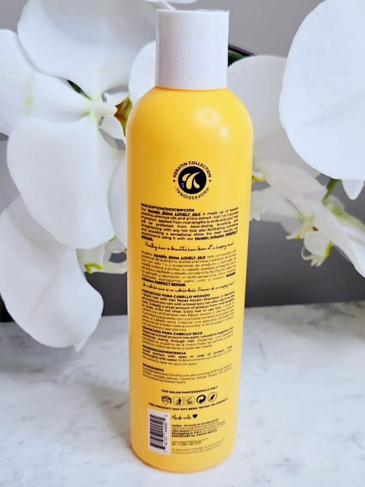 Label view of Lovely Silk Keratin Shine Hair Repair Leave-In bottle displaying product information