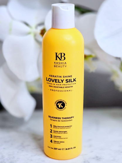 Front view of Lovely Silk Keratin Shine Hair Repair Leave-In product bottle